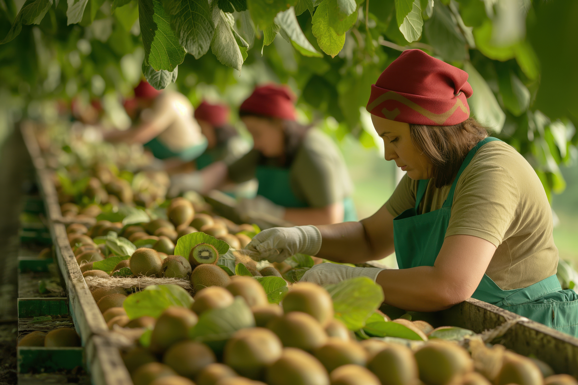 Farmers wearing gloves are sorting freshly harvested kiwi fruits on a conveyor belt